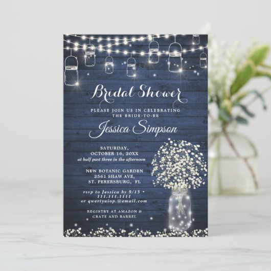 Gipskraut Mason Jar Blue Rustikales Brautparty Einladung (Stehend Vorderseite)