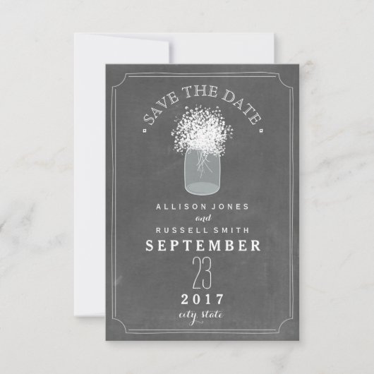 Gipskraut & Mason Jar Chalkboard Save the Date (Vorderseite)