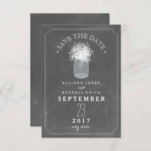 Gipskraut & Mason Jar Chalkboard Save the Date (Vorne/Hinten)