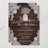 Gipskraut Mason Jar Floral Lace Burlap Wood Save The Date (Vorne/Hinten)
