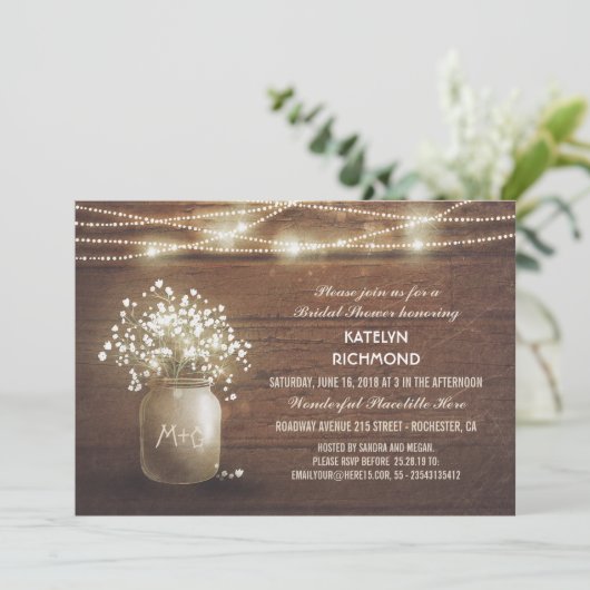 Gipskraut Mason Jar Lights Brautparty Einladung (Stehend Vorderseite)