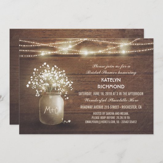 Gipskraut Mason Jar Lights Brautparty Einladung (Vorne/Hinten)