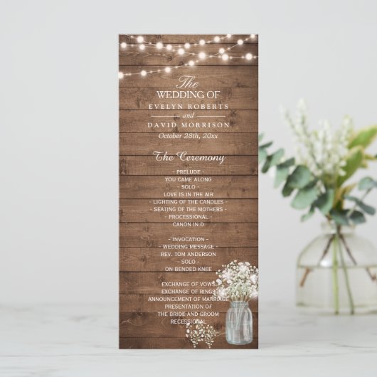 Gipskraut Mason Jar Lights Hochzeitsprogramm Programm (Stehend Vorderseite)