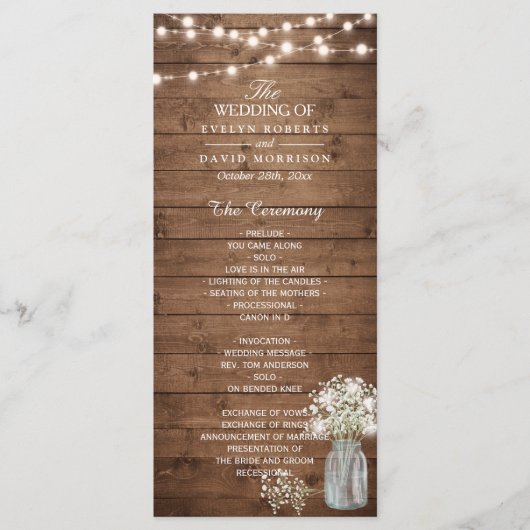 Gipskraut Mason Jar Lights Hochzeitsprogramm Programm (Vorderseite)