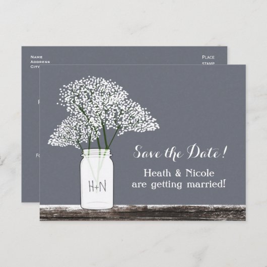 Gipskraut Mason Jar Rett Datum Grau Postkarte (Vorne/Hinten)