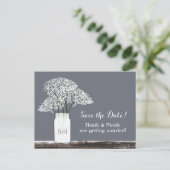 Gipskraut Mason Jar Rett Datum Grau Postkarte (Stehend Vorderseite)