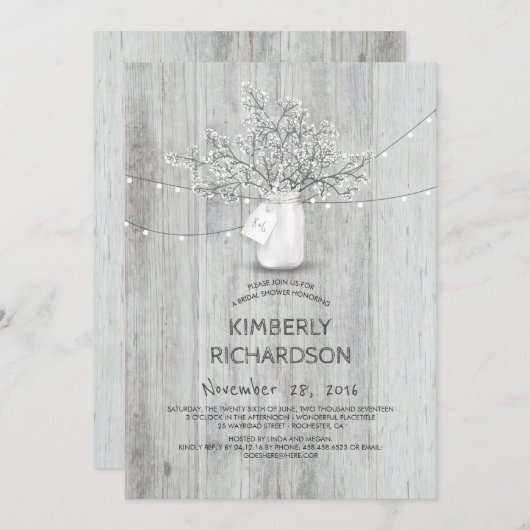 Gipskraut Mason Jar Rustic Barn Brautparty Einladung (Vorne/Hinten)