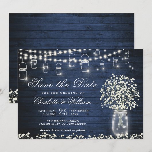 Gipskraut Mason Jar Rustic Blue Wood Wedding Einladung (Vorne/Hinten)