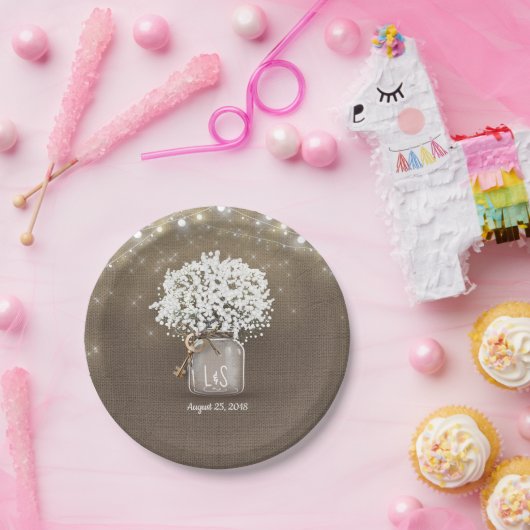 Gipskraut Mason Jar Rustic Burlap Wedding Pappteller (Party)