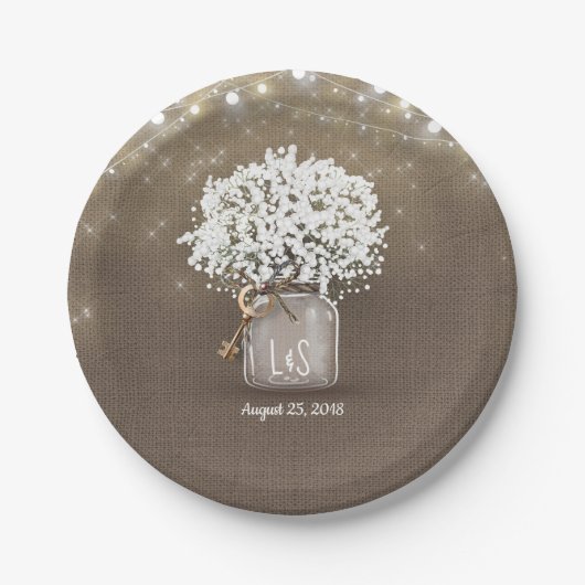 Gipskraut Mason Jar Rustic Burlap Wedding Pappteller (Vorderseite)