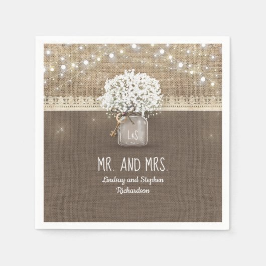 Gipskraut Mason Jar Rustic Burlap Wedding Serviette (Vorderseite)