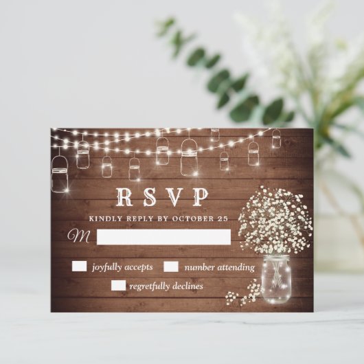 Gipskraut Mason Jar Rustic RSVP Card (Stehend Vorderseite)