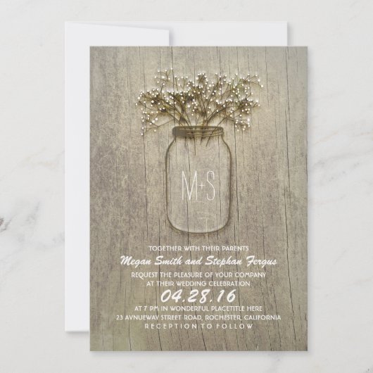 Gipskraut Mason Jar Rustic Wedding Einladung (Vorderseite)