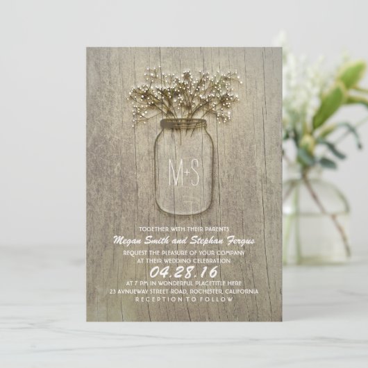 Gipskraut Mason Jar Rustic Wedding Einladung (Stehend Vorderseite)