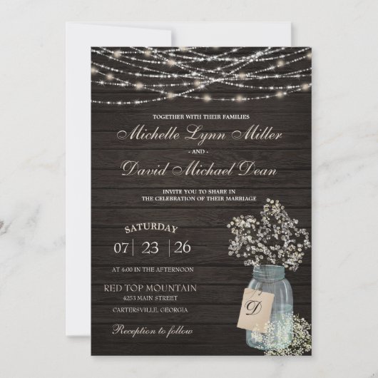 Gipskraut Mason Jar Rustic Wedding Einladung (Vorderseite)