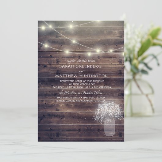 Gipskraut Mason Jar Rustic Wedding Einladung (Stehend Vorderseite)