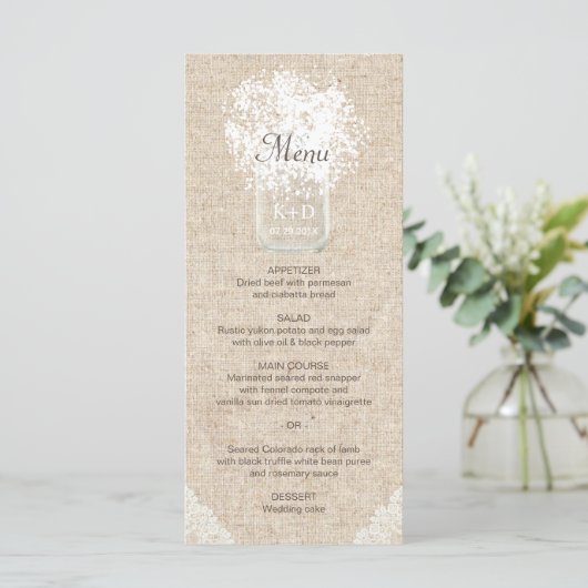 Gipskraut Mason Jar Rustic Wedding Menu Menükarte (Stehend Vorderseite)