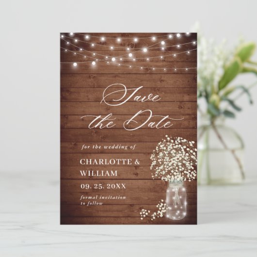 Gipskraut Mason Jar Rustic Wedding QR Code Save The Date (Stehend Vorderseite)