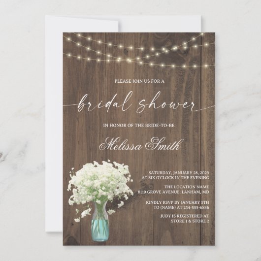 Gipskraut Mason Jar Rustic Wood Brautparty Einladung (Vorderseite)