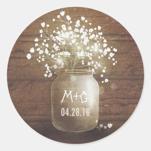 Gipskraut Mason Jar Rustic Wood Wedding Runder Aufkleber (Vorderseite)