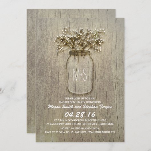 Gipskraut Mason Jar Rustikale Engagement Partei Einladung (Vorne/Hinten)