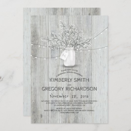 Gipskraut Mason Jar Rustikale Probe Abendessen Einladung (Vorne/Hinten)