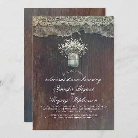 Gipskraut Mason Jar Rustikale Probe Abendessen Einladung (Vorne/Hinten)