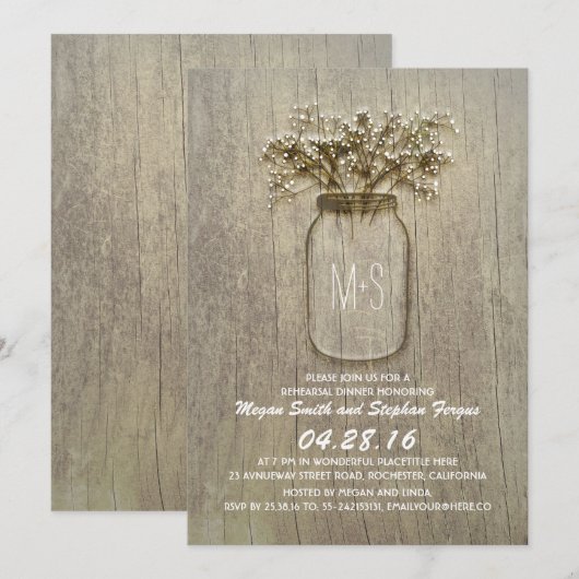 Gipskraut Mason Jar Rustikale Probe Abendessen Einladung (Vorne/Hinten)