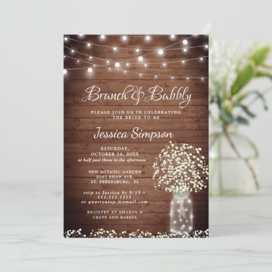 Gipskraut Mason Jar Rustikaler Brunch & Bubbly Einladung (Stehend Vorderseite)