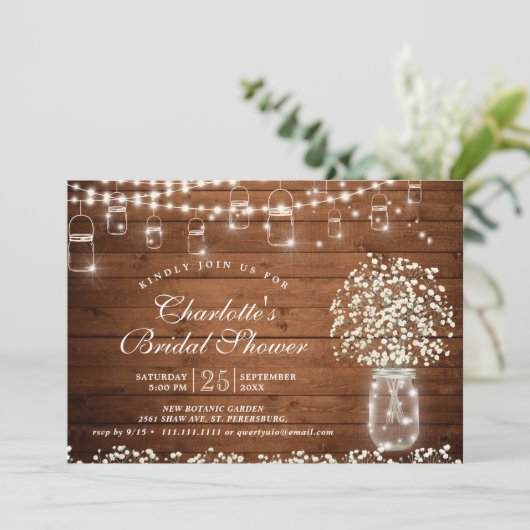 Gipskraut Mason Jar Rustikales Brautparty Einladung (Stehend Vorderseite)