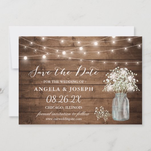 Gipskraut Mason Jar String Lights Hochzeit Save The Date (Vorderseite)
