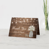 Gipskraut Mason Jar String Lights Rustikales Holz Dankeskarte (Vorderseite)