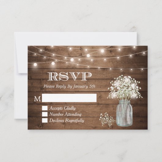 Gipskraut Mason Jar String Lights Wedding RSVP (Vorderseite)