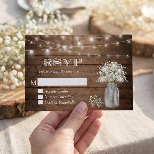 Gipskraut Mason Jar String Lights Wedding RSVP Karte