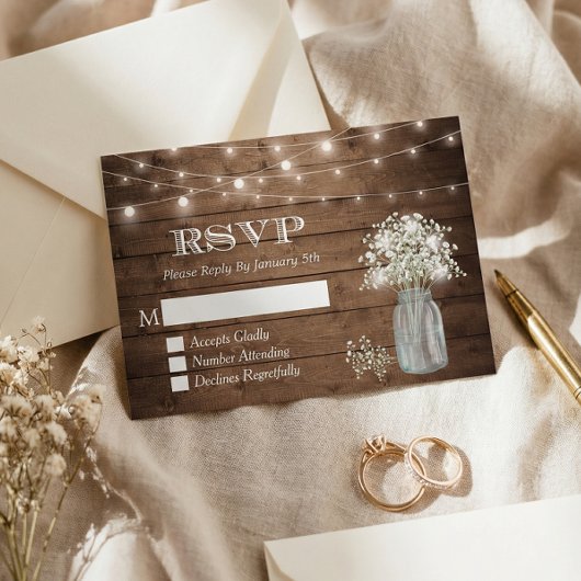 Gipskraut Mason Jar String Lights Wedding RSVP Karte
