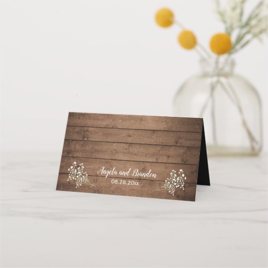 Gipskraut Mason Jar String Lights Wood Wedding Platzkarte (Rückseite)