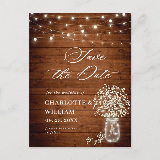 Gipskraut Mason Jar Wedding Save the Date Postkarte (Vorderseite)