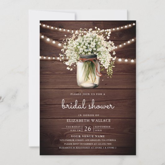 Gipskraut Mason Jar Wood QR Code Brautparty Einladung (Vorderseite)