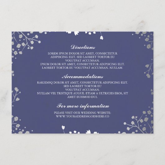 Gipskraut Navy Silver Wedding Details Begleitkarte (Vorderseite)