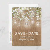 Gipskraut Rustic Burlap Save the Date Ankündigungspostkarte (Vorne/Hinten)