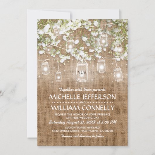 Gipskraut Rustic Burlap Wedding Einladung (Vorderseite)