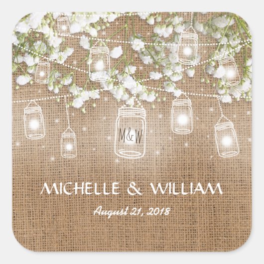 Gipskraut Rustic Burlap Wedding Quadratischer Aufkleber (Vorderseite)