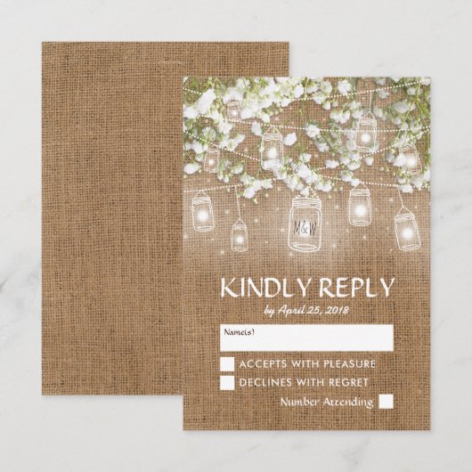Gipskraut Rustic Burlap Wedding RSVP Karte (Vorne/Hinten)