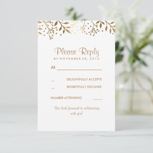 Gipskraut Rustic Gold White Wedding RSVP Karten (Stehend Vorderseite)