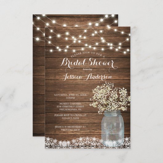 Gipskraut Rustic Mason Jar Brautparty Einladung (Vorne/Hinten)