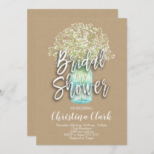 Gipskraut Rustic Mason Jar Brautparty Einladung (Vorne/Hinten)