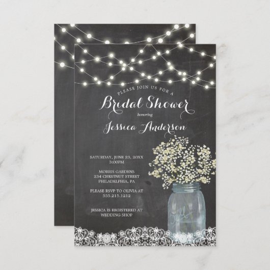 Gipskraut Rustic Mason Jar Brautparty Invit Einladung (Vorne/Hinten)