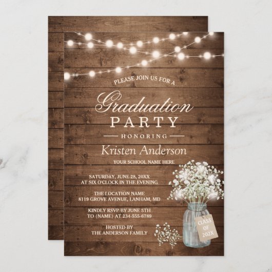 Gipskraut Rustic String Light Graduation Party Einladung (Vorne/Hinten)