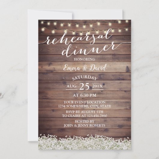 Gipskraut Rustic Wedding Probe Dinner Einladung (Vorderseite)