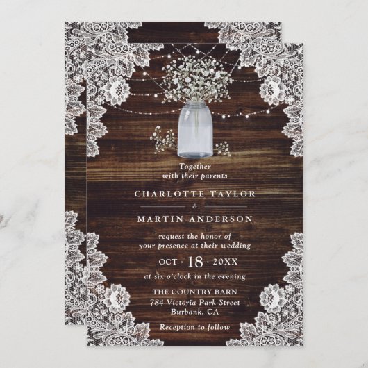 Gipskraut Rustic Wood Mason Jar Wedding Einladung (Vorne/Hinten)